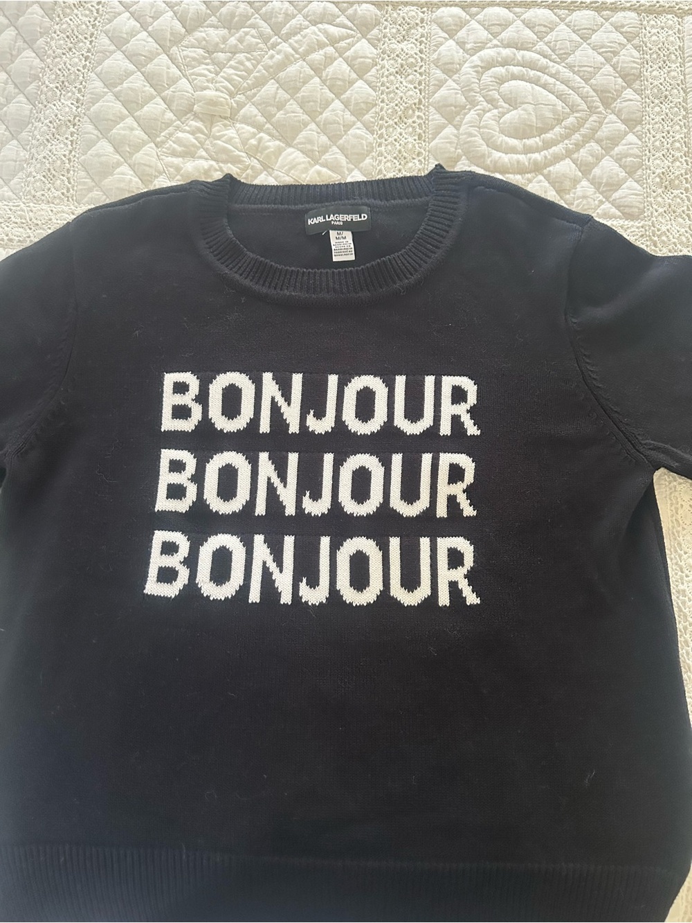 Karl Lagerfeld Black Crewneck Sweater with White 'BONJOUR' Repeat